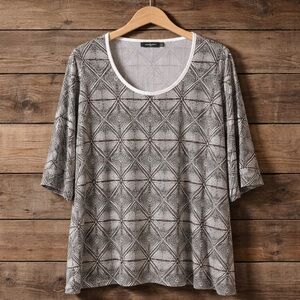 Ulla Popken 32/34 Gray Geometric Short-Sleeve Cotton Elastane Oversized Tee